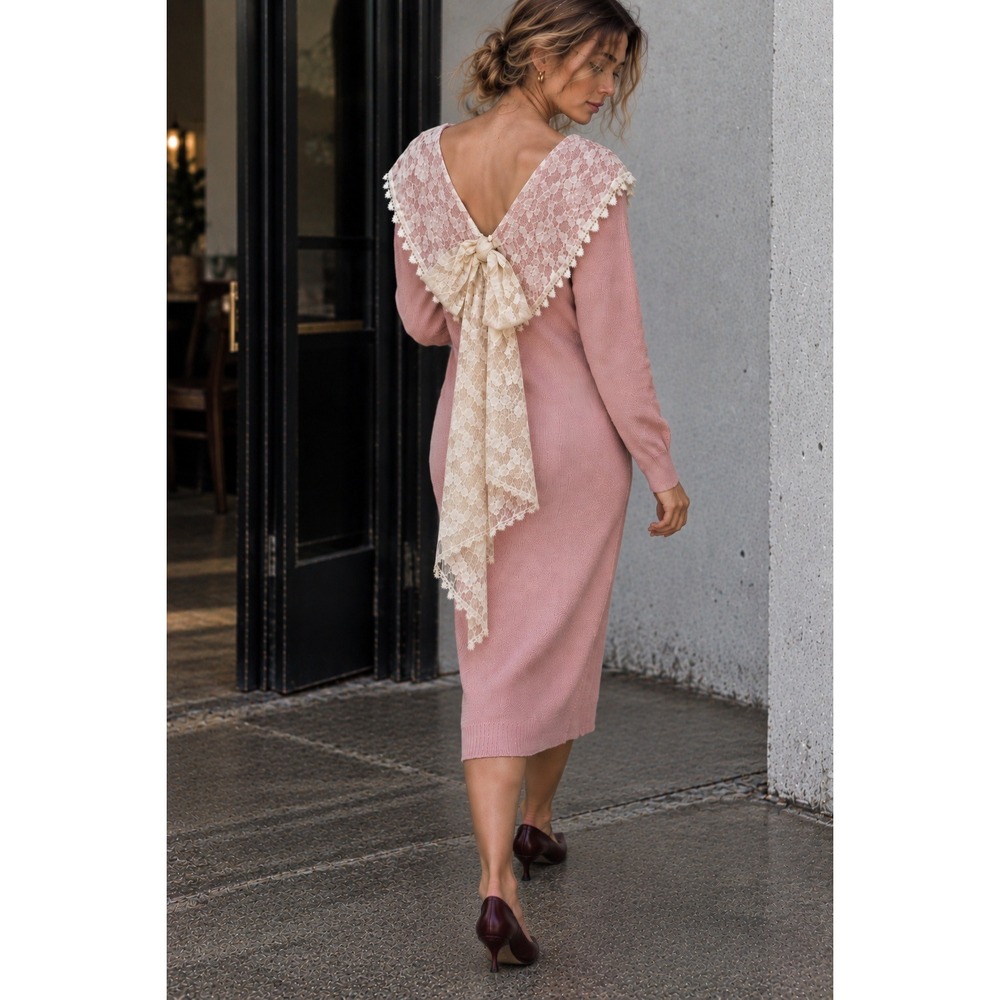 Vintage 80s Gunne Sax Jessica McClintock Cotton Knit Lace Bow Dress Pink M